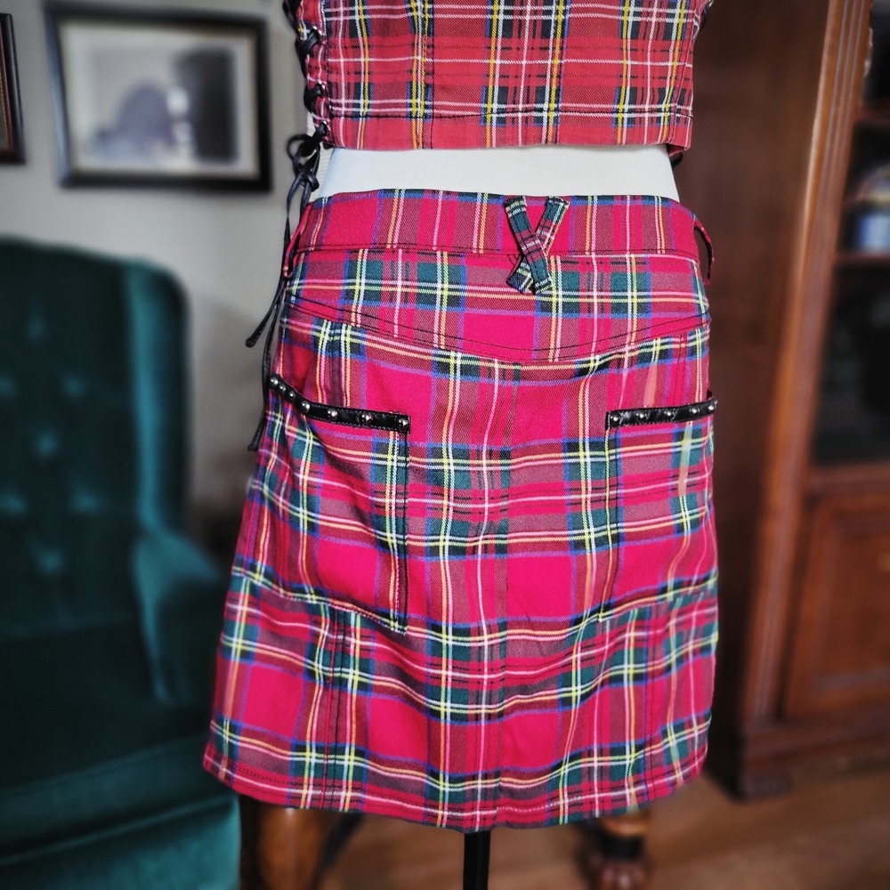 Sourpuss Red Tartan Plaid Mini Skirt Punk Goth Rockabilly Studded‎ Y2K XXL - Picture 4 of 8